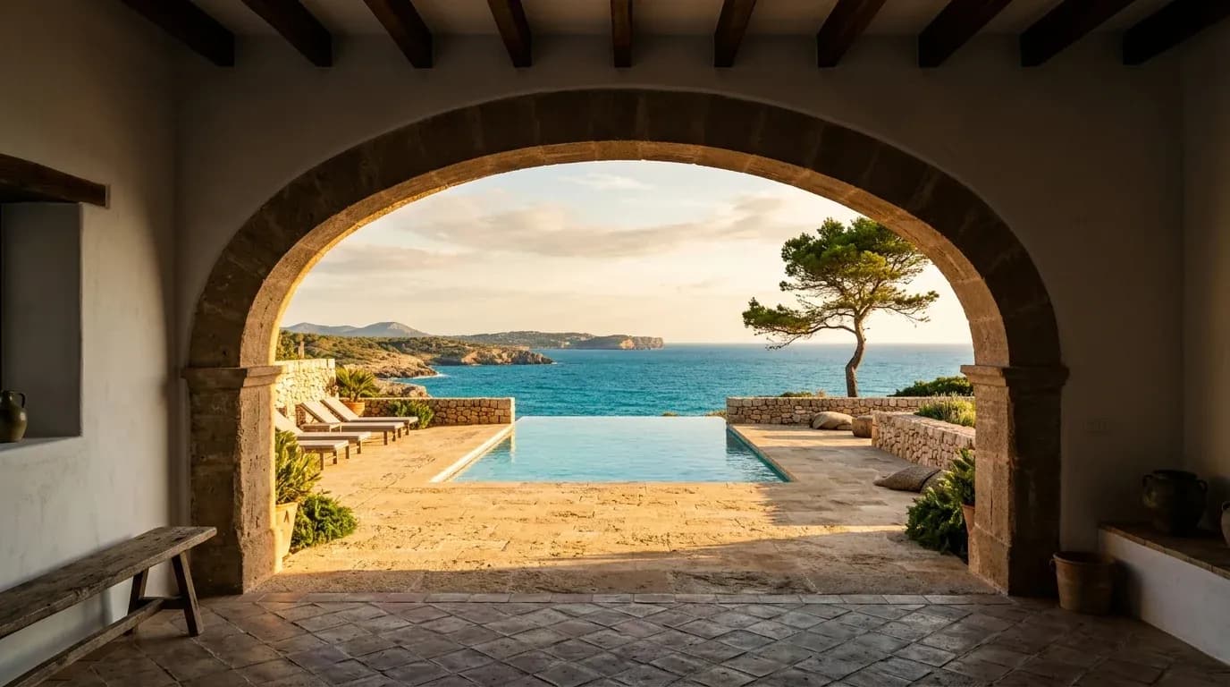 Arco de marès abierto al mar en Santanyí, con piscina y pino mediterráneo